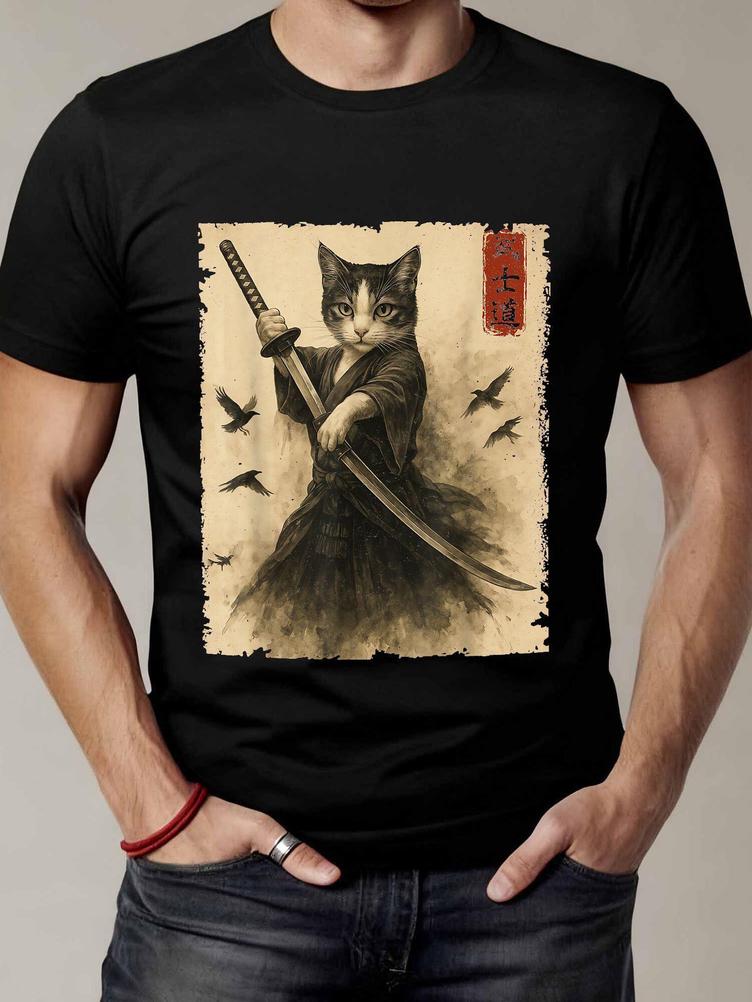 Collectible Vintage T Shirts - Винтажная футболка с изображением самурая-кошки в