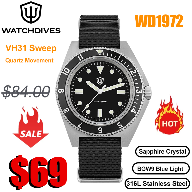 Vintage Collectible Watches - Watchdives WD1972 Кварцевые часы VH31 Sweep